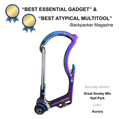 Firebiner fire-starting carabiner in Aurora, etched Great Smoky Mountains NP, Backpacker Magazine Best Essential Gadget