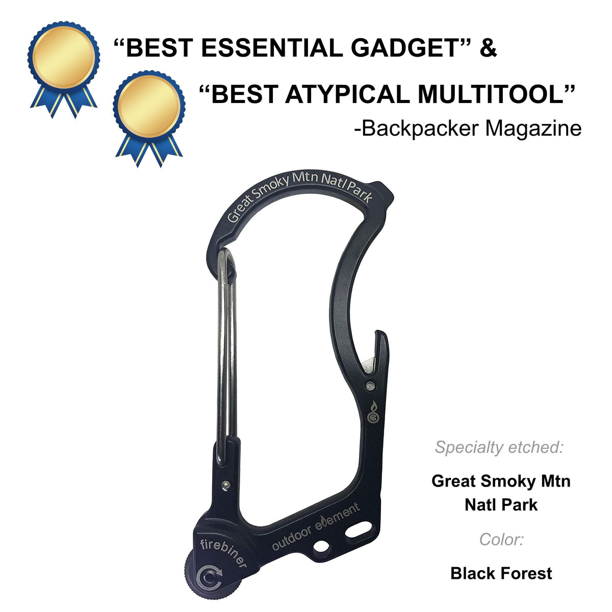 Firebiner fire-starting carabiner in Black Forest, etched Great Smoky Mountains NP, Backpacker Magazine Best Essential Gadget