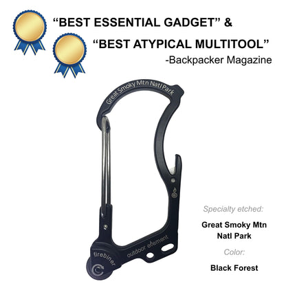 Firebiner fire-starting carabiner in Black Forest, etched Great Smoky Mountains NP, Backpacker Magazine Best Essential Gadget