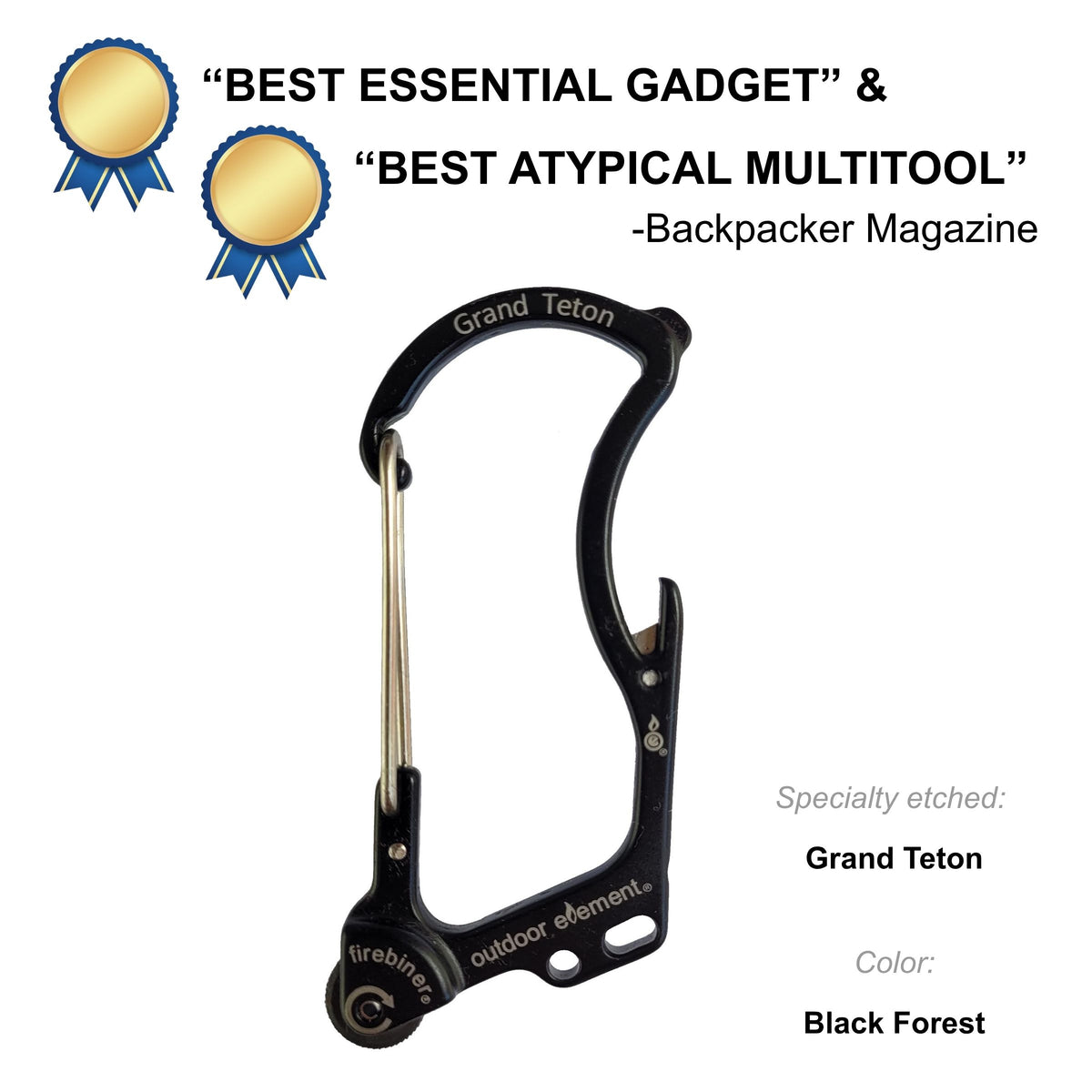 Firebiner fire-starting carabiner in Black Forest, etched Grand Teton, Backpacker Magazine Best Essential Gadget