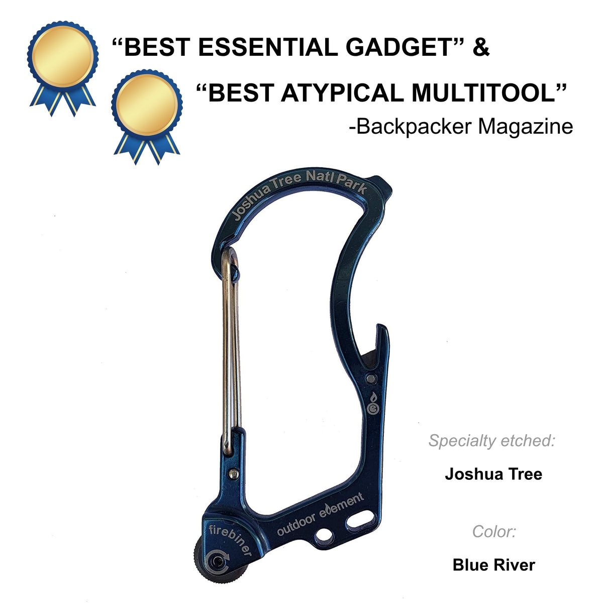 Firebiner fire-starting carabiner in Blue River, etched Joshua Tree National Park, Backpacker Magazine Best Essential Gadget