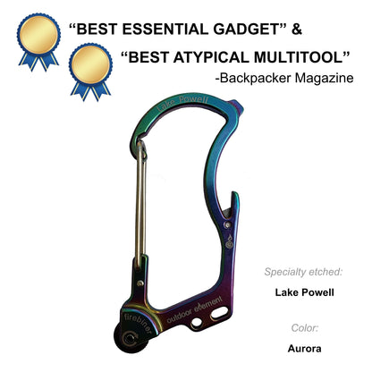 Firebiner fire-starting carabiner in Aurora, etched Lake Powell, Backpacker Magazine Best Essential Gadget