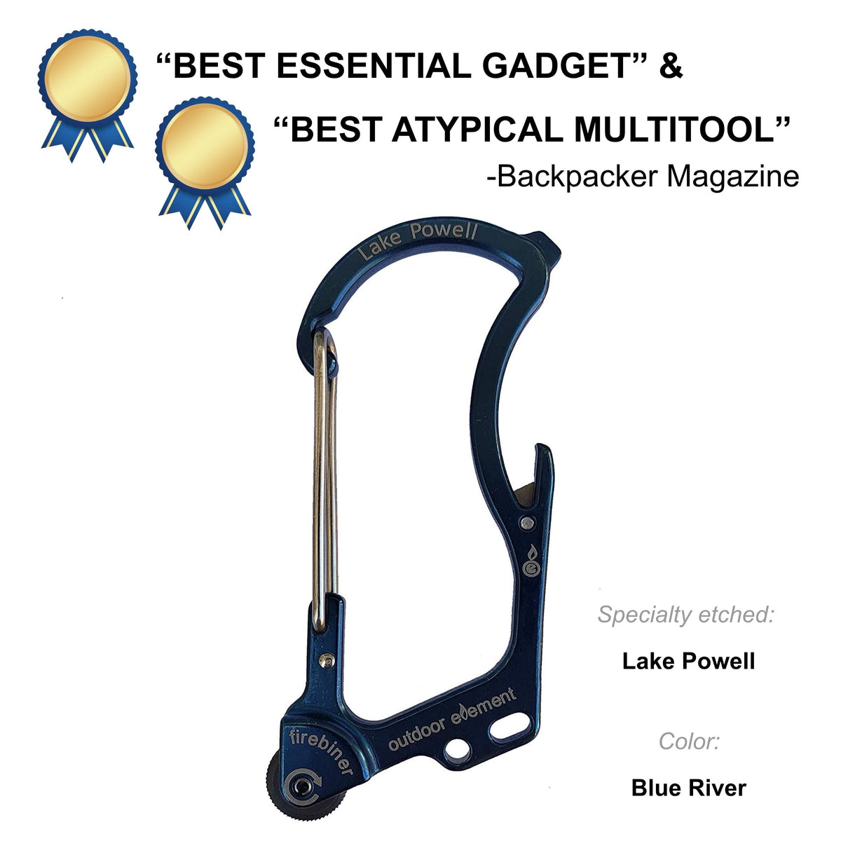 Firebiner fire-starting carabiner in Blue River, etched Lake Powell, Backpacker Magazine Best Essential Gadget