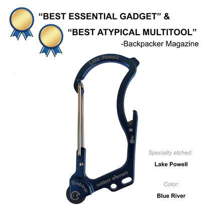 Firebiner fire-starting carabiner in Blue River, etched Lake Powell, Backpacker Magazine Best Essential Gadget