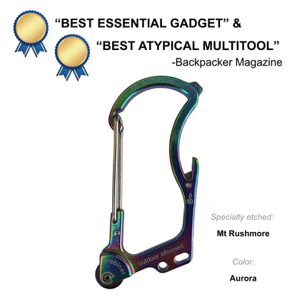 Firebiner fire-starting carabiner in Aurora, etched Mount Rushmore, Backpacker Magazine Best Essential Gadget