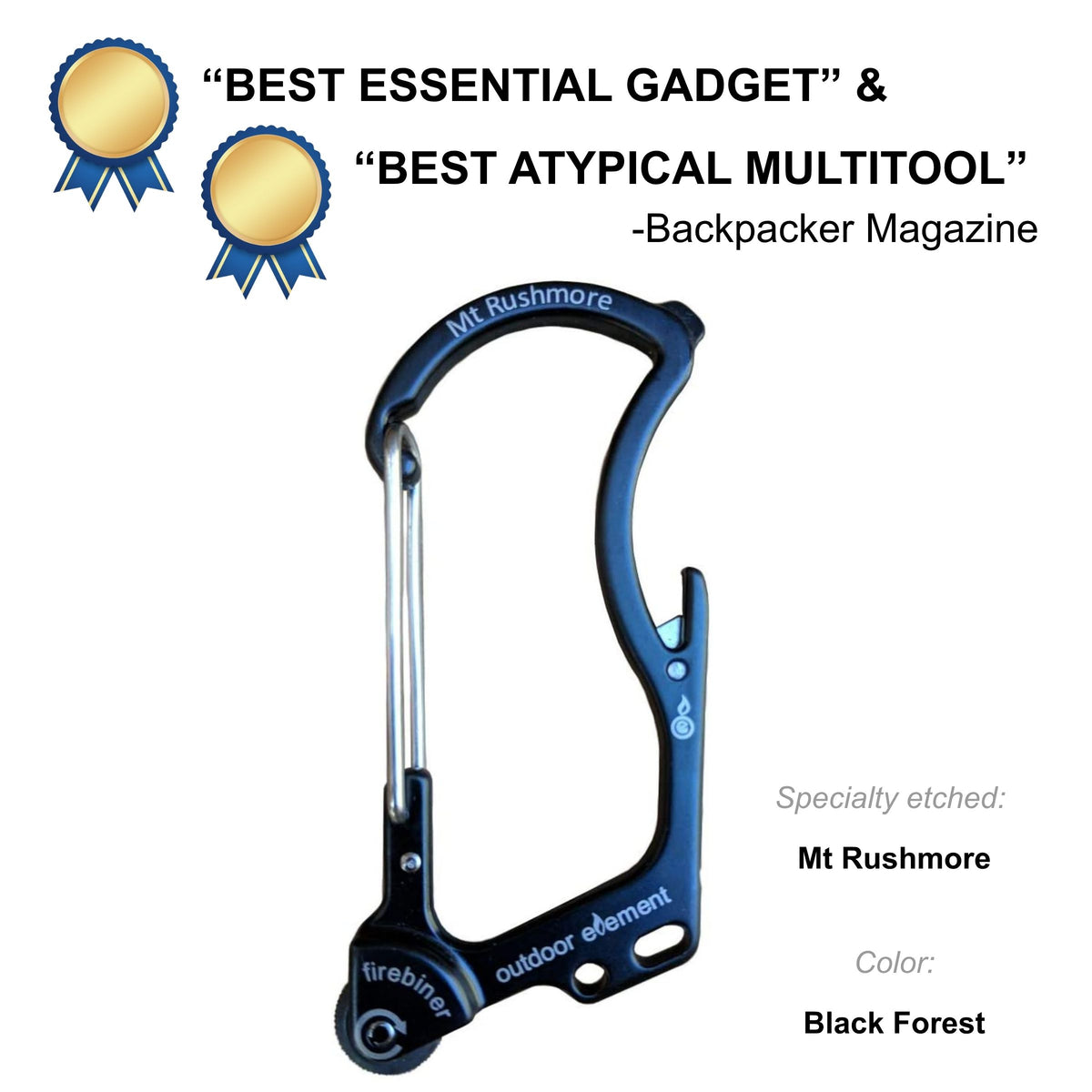 Firebiner fire-starting carabiner in Black Forest, etched Mount Rushmore, Backpacker Magazine Best Essential Gadget