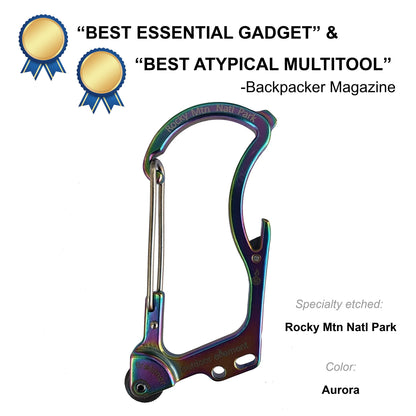 Firebiner fire-starting carabiner in Aurora, etched Rocky Mountain National Park, Backpacker Magazine Best Essential Gadget