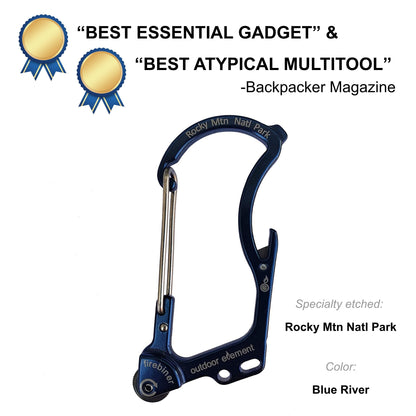 Firebiner fire-starting carabiner in Blue River, etched Rocky Mountain National Park, Backpacker Magazine Best Essential Gadget