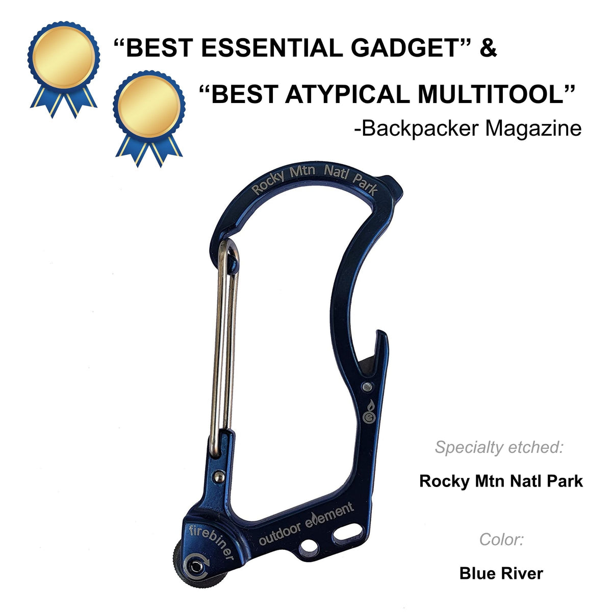 Firebiner fire-starting carabiner in Blue River, etched Rocky Mountain National Park, Backpacker Magazine Best Essential Gadget