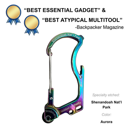 Firebiner fire-starting carabiner in Aurora, etched Shenandoah National Park, Backpacker Magazine Best Essential Gadget
