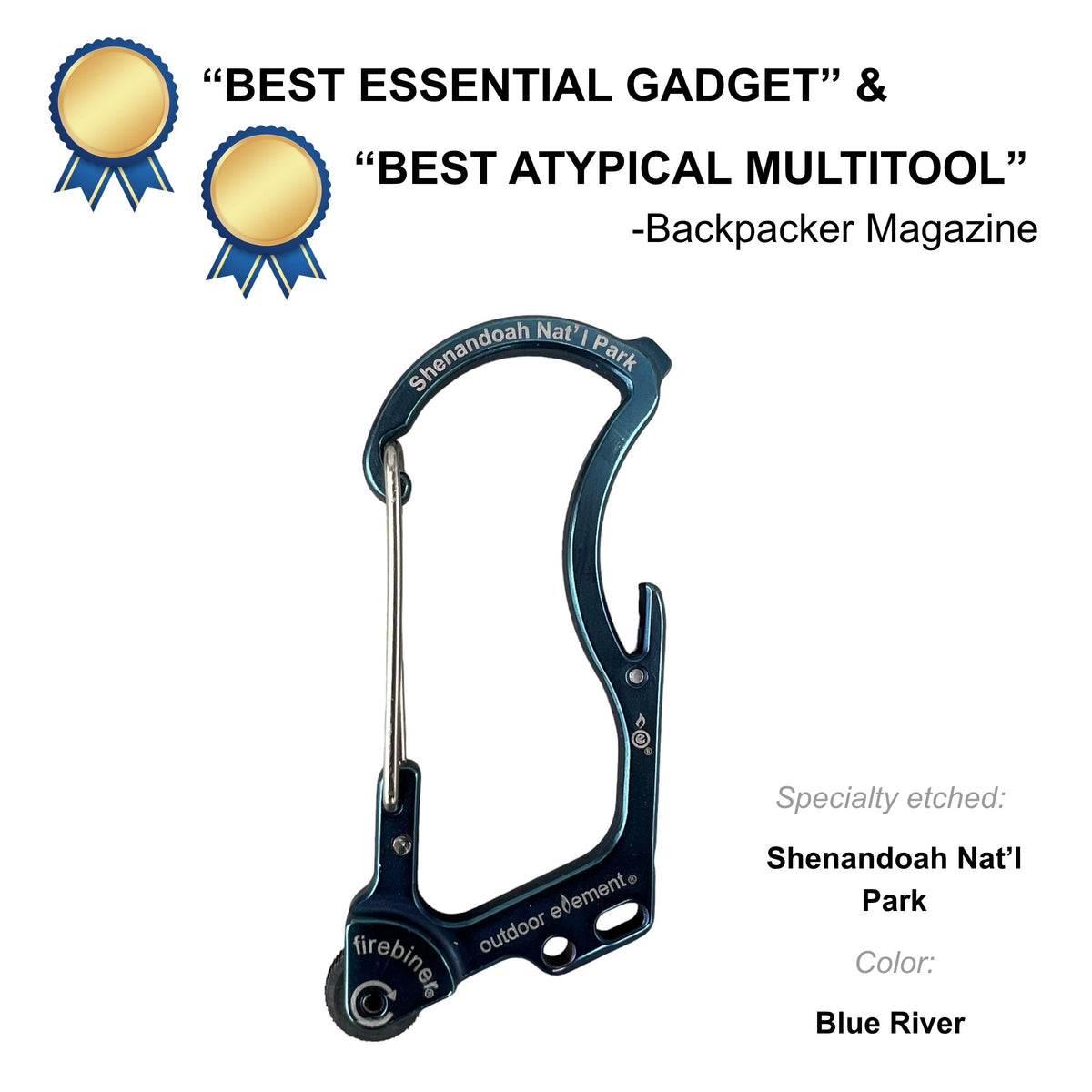 Firebiner fire-starting carabiner in Blue River, etched Shenandoah National Park, Backpacker Magazine Best Essential Gadget