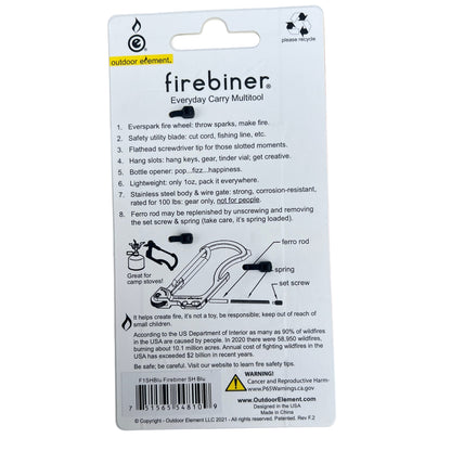 Back of Firebiner package listing EverSpark fire wheel, utility blade, screwdriver, hang slots and bottle opener