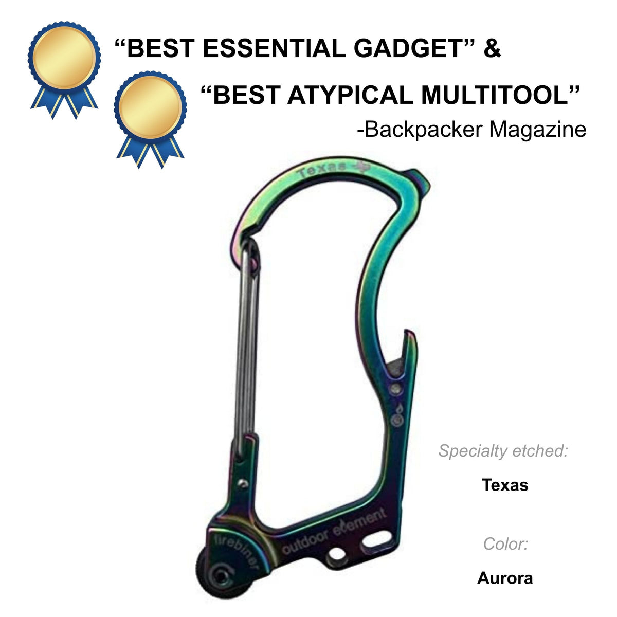 Firebiner fire-starting carabiner in Aurora, etched Texas, Backpacker Magazine Best Essential Gadget