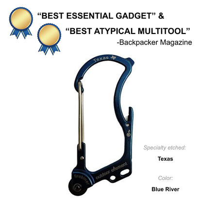 Firebiner fire-starting carabiner in Blue River, etched Texas, Backpacker Magazine Best Essential Gadget