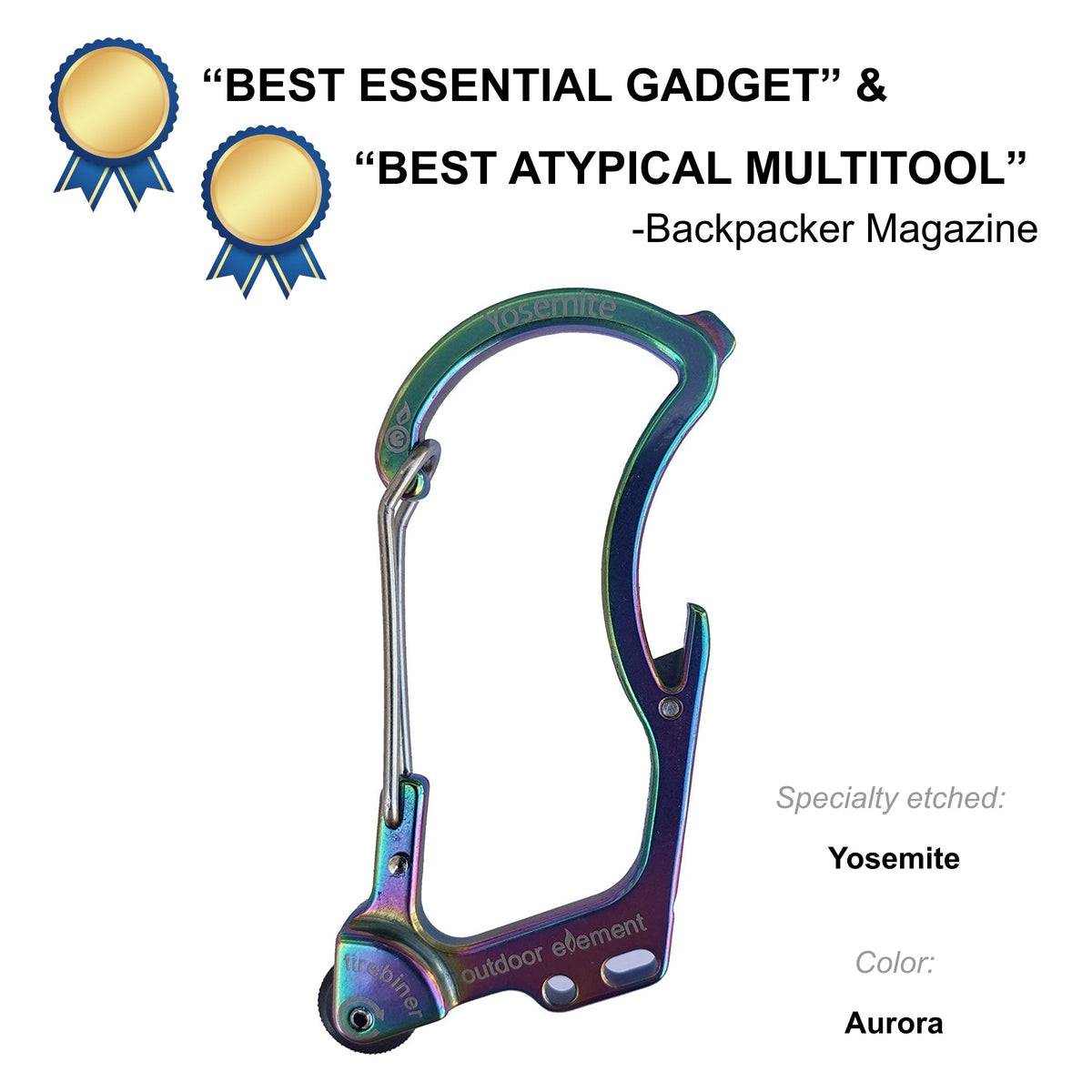 Firebiner fire-starting carabiner in Aurora, etched Yosemite, Backpacker Magazine Best Essential Gadget