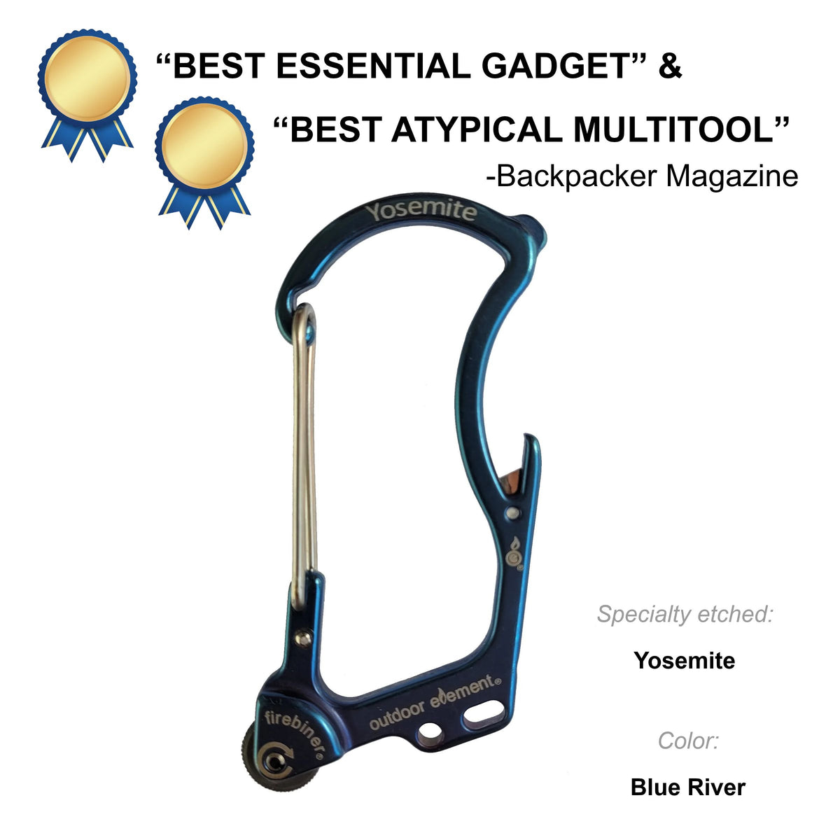 Firebiner fire-starting carabiner in Blue River, etched Yosemite, Backpacker Magazine Best Essential Gadget