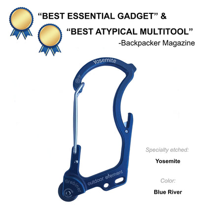 Firebiner fire-starting carabiner in Blue River, etched Yosemite, Backpacker Magazine Best Essential Gadget