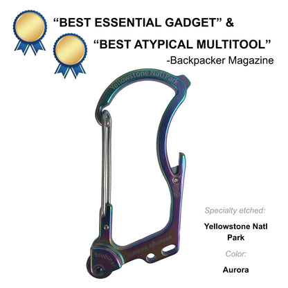Firebiner fire-starting carabiner in Aurora, etched Yellowstone National Park, Backpacker Magazine Best Essential Gadget