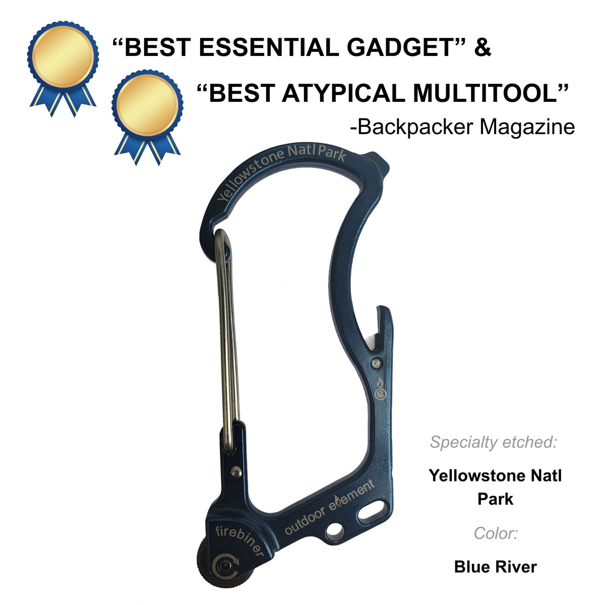 Firebiner fire-starting carabiner in Blue River, etched Yellowstone National Park, Backpacker Magazine Best Essential Gadget