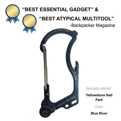 Firebiner fire-starting carabiner in Blue River, etched Yellowstone National Park, Backpacker Magazine Best Essential Gadget
