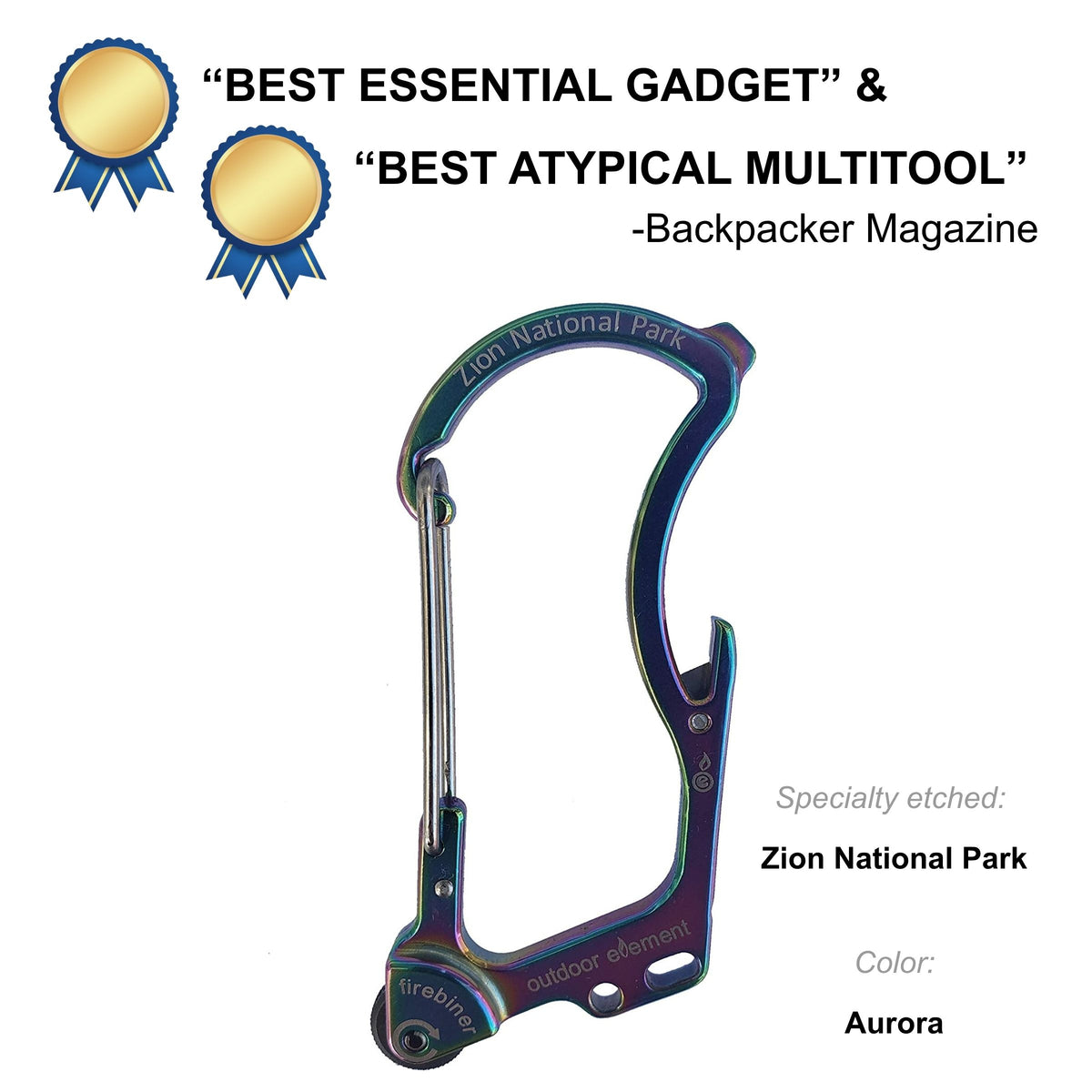 Firebiner fire-starting carabiner in Aurora, etched Zion National Park, Backpacker Magazine Best Essential Gadget