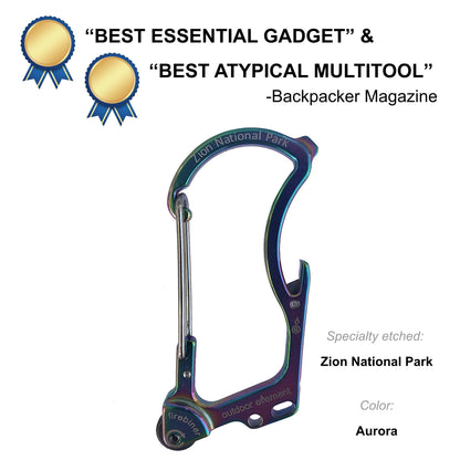 Firebiner fire-starting carabiner in Aurora, etched Zion National Park, Backpacker Magazine Best Essential Gadget