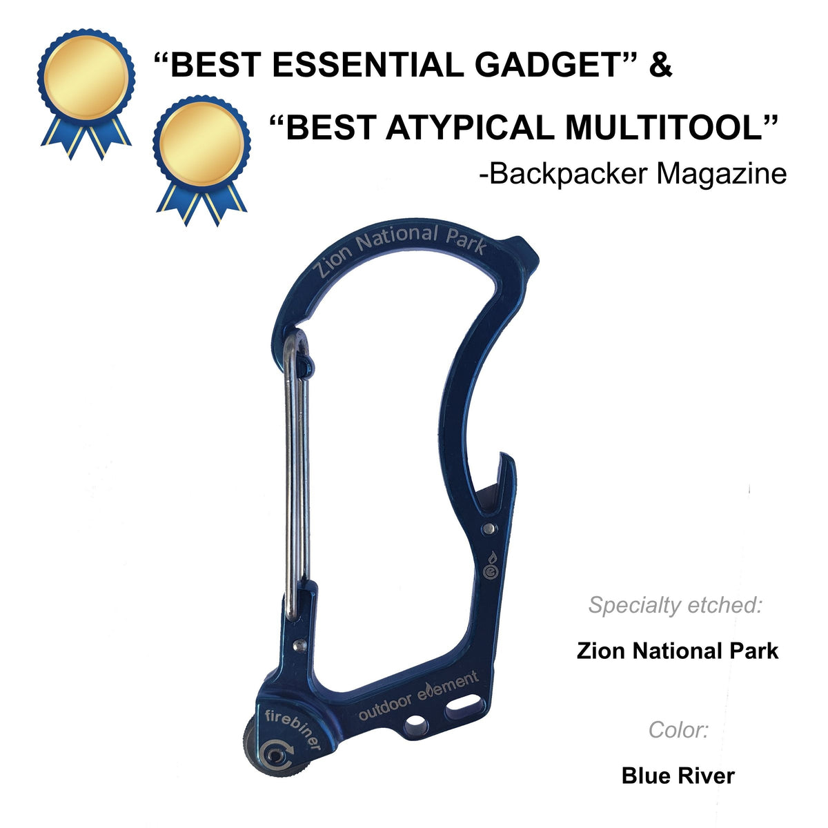 Firebiner fire-starting carabiner in Blue River, etched Zion National Park, Backpacker Magazine Best Essential Gadget