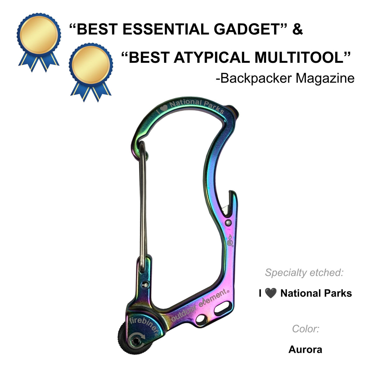 Firebiner fire-starting carabiner in Aurora, etched I Heart National Parks, Backpacker Magazine Best Essential Gadget