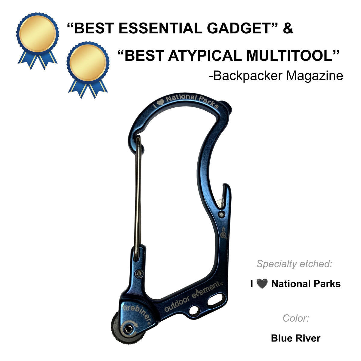 Firebiner fire-starting carabiner in Blue River, etched I Heart National Parks, Backpacker Magazine Best Essential Gadget