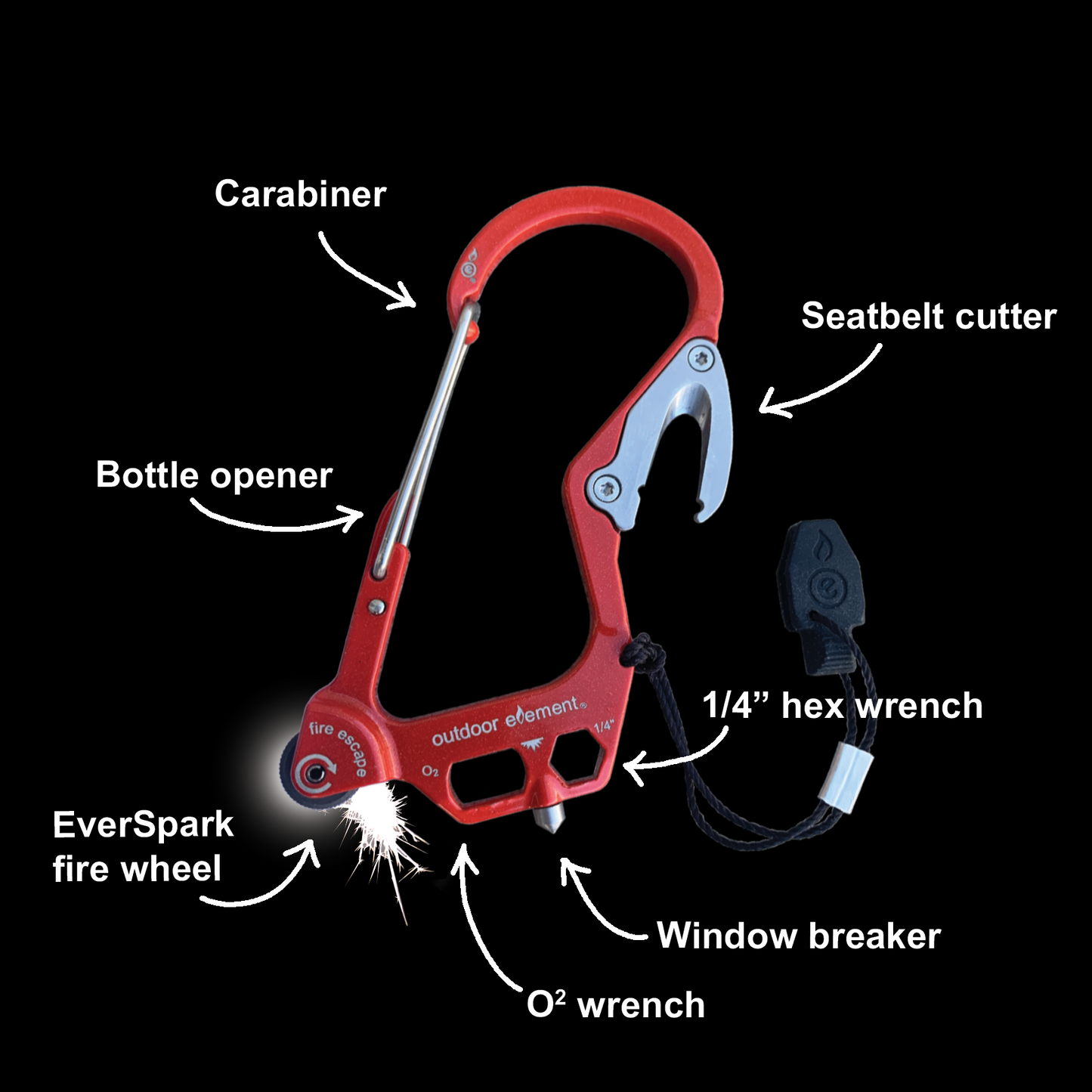 Red Fire Escape Multitool Carabiner features list