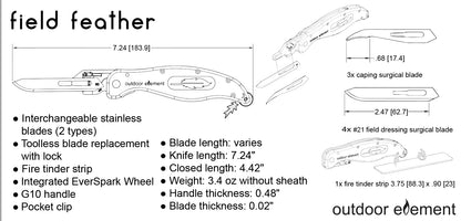 Technical diagram of field feather knife with specifications