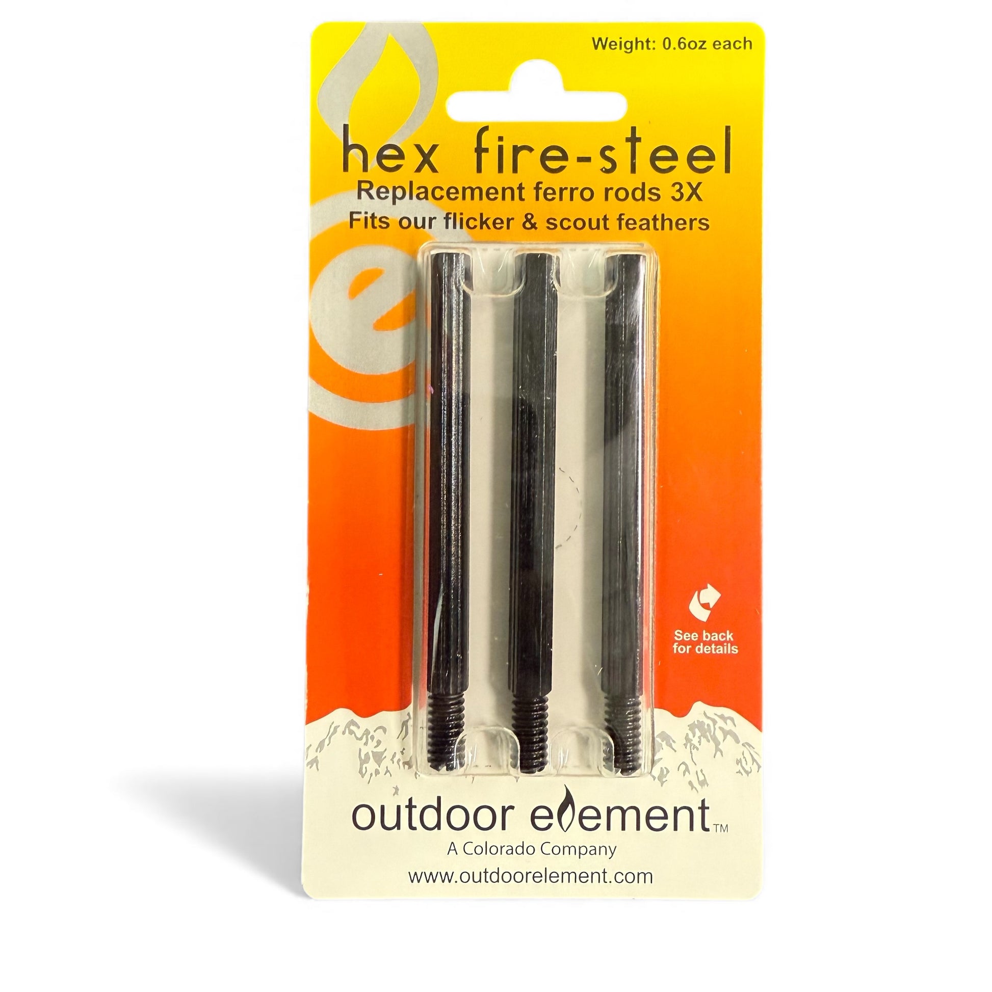 Hex fire-steel replacement ferro rods in pkg (fits flicker, scout, and slicer feather )