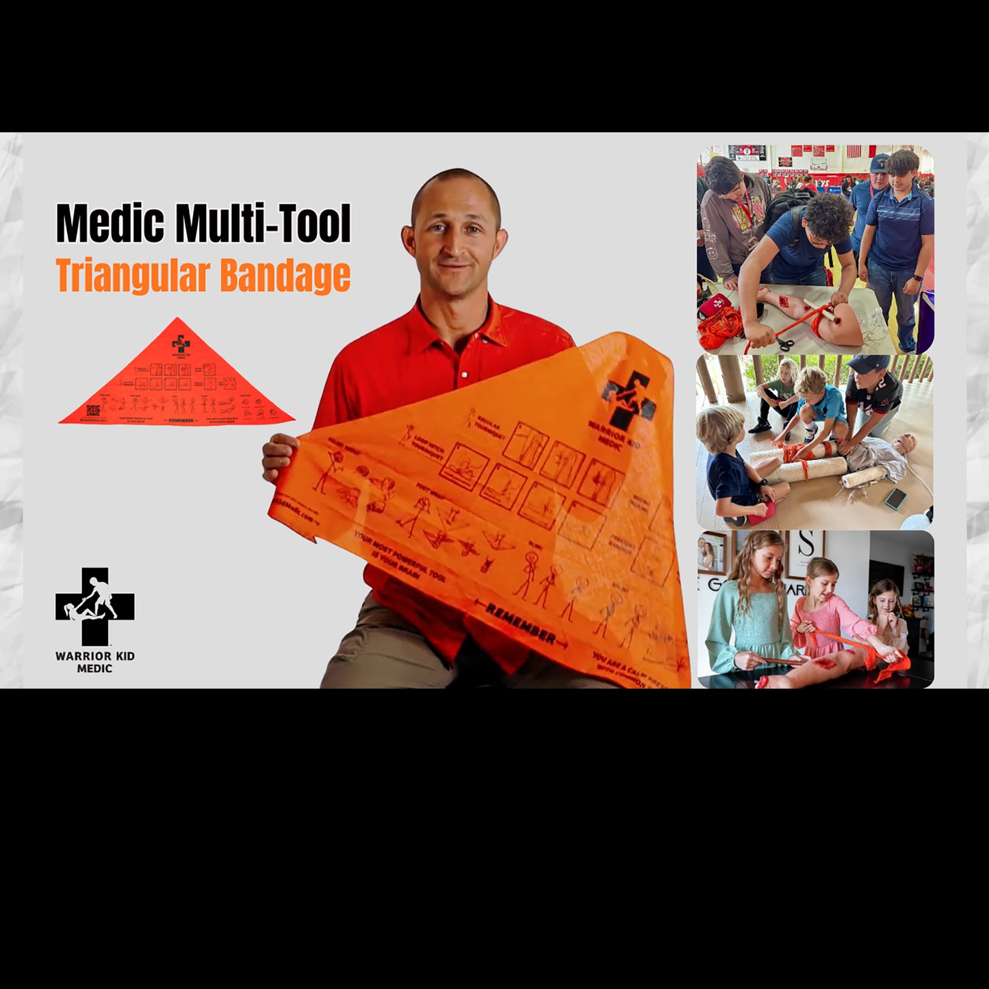 Warrior Kid Medic Triangular Bandage demo of sizes and examples of use