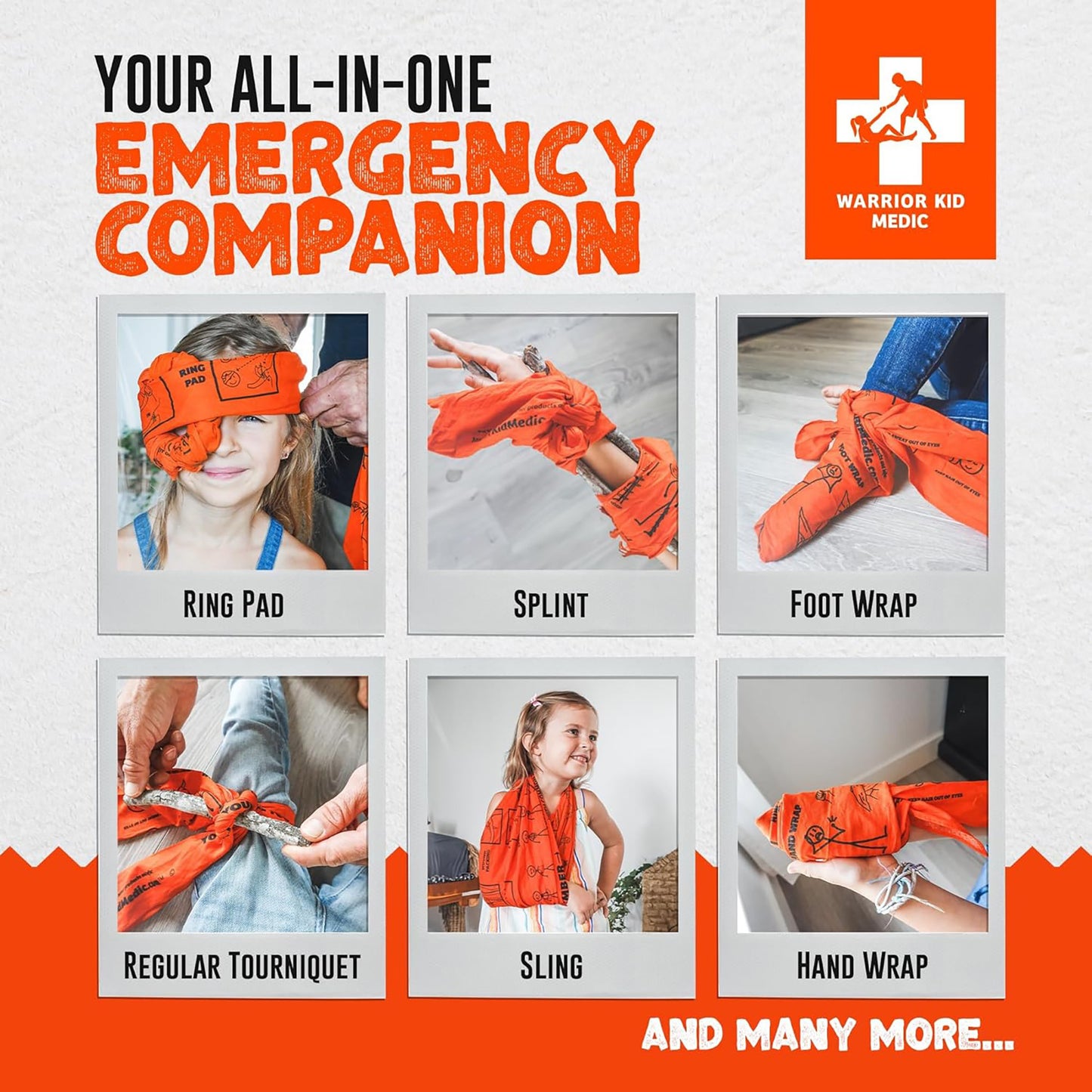Advertisement for Warrior Kid Medic emergency supplies with images of various bandages and text.