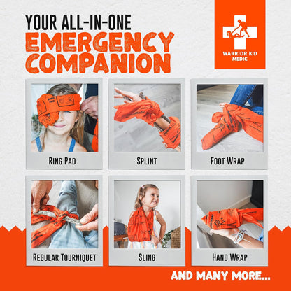 Advertisement for Warrior Kid Medic emergency supplies with images of various bandages and text.