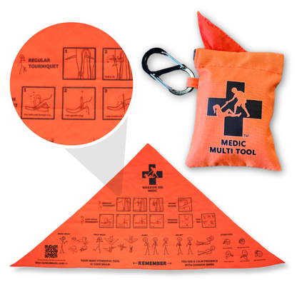Orange MEDIC multi tool with instructions and carabiner 