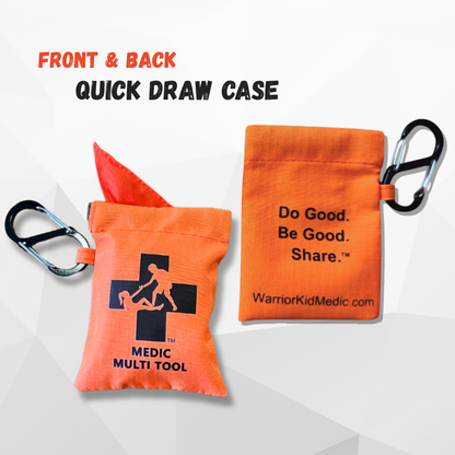 Front and back views of the orange quick draw case with carabiner and 'Do Good. Be Good. Share.' 