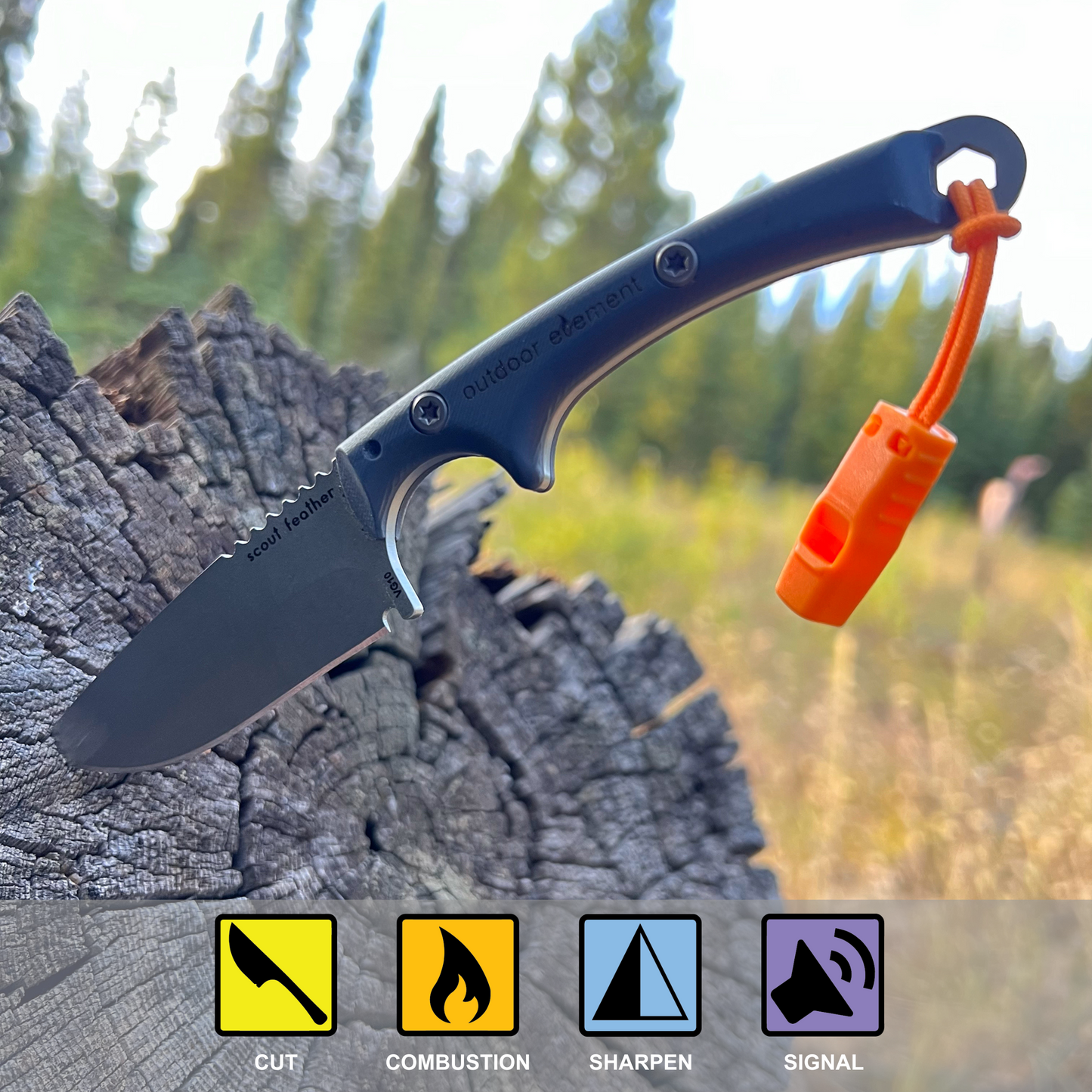 Scout Feather EDC Adventure & Survival knife does more than just cut. It also makes fire, sharpens and signals