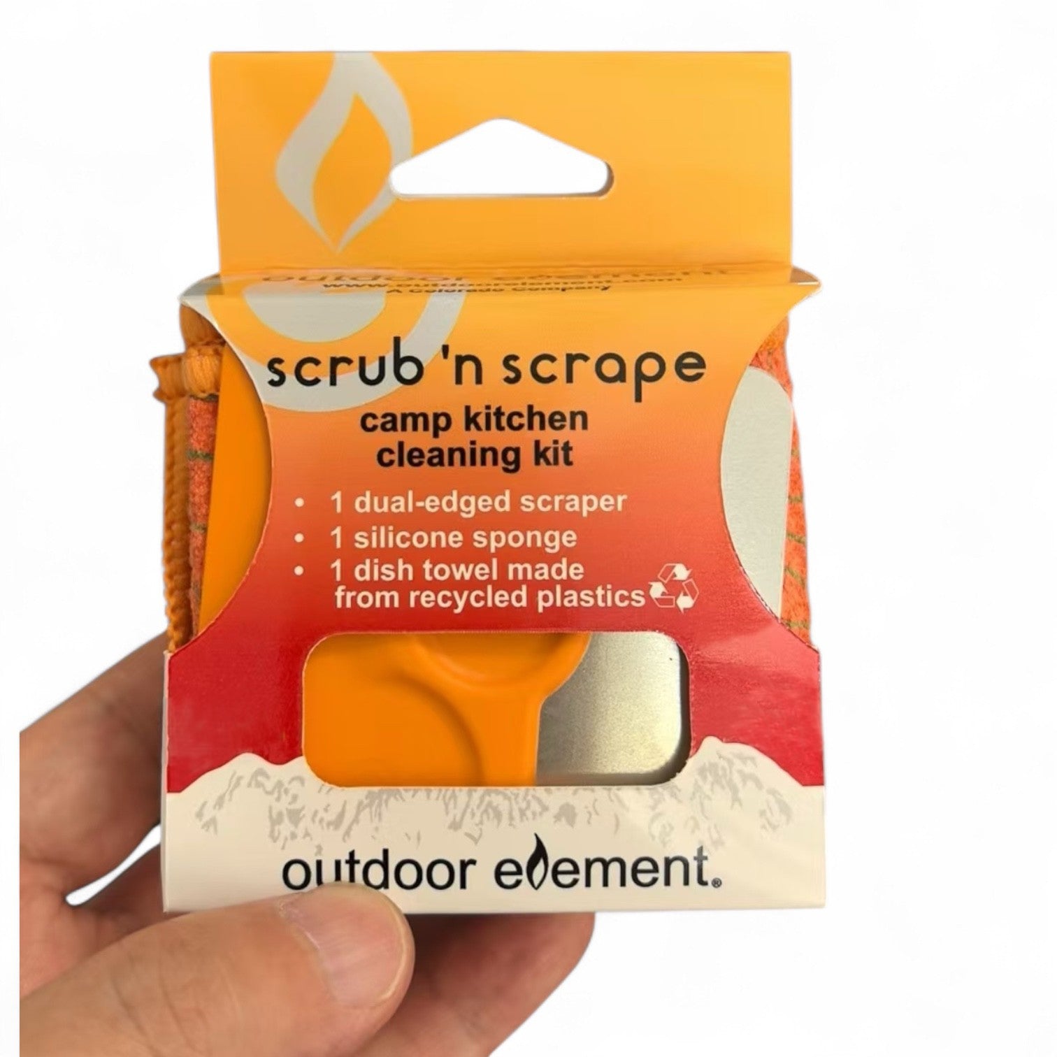 scrub n scrape camp kitchen cleaning kit in packaging being held