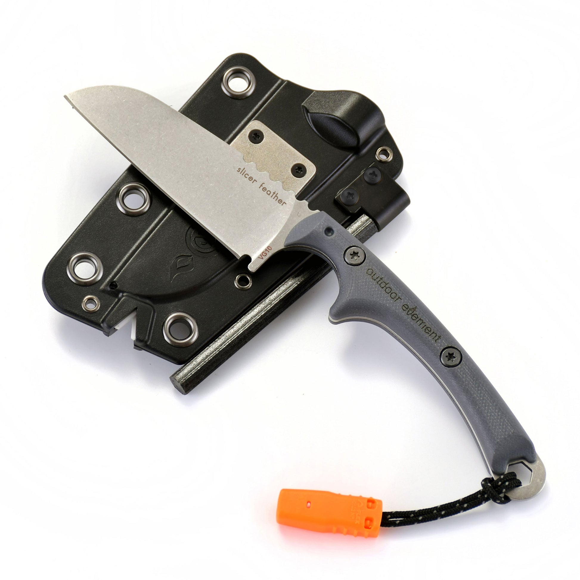 slicer feather sheepsfoot blade with sheath featuring built in survival tools