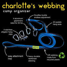 Load image into Gallery viewer, 12 ft of webbing made of recycled plastics, with 20 eyelet hang slots prevent gear from falling to the ground or sliding down the line. includes an adjustable buckle, caribiners, alligator clips, and more. Organize your camp with Charlotte&#39;s Webbing by Outdoor Element
