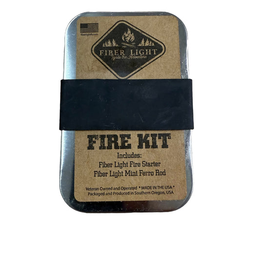 Fiber Light Fire Kit comes with ferro rod, striker and about .7 oz of fiber light tinder in a rectangular hinged tin sealed with a ranger band