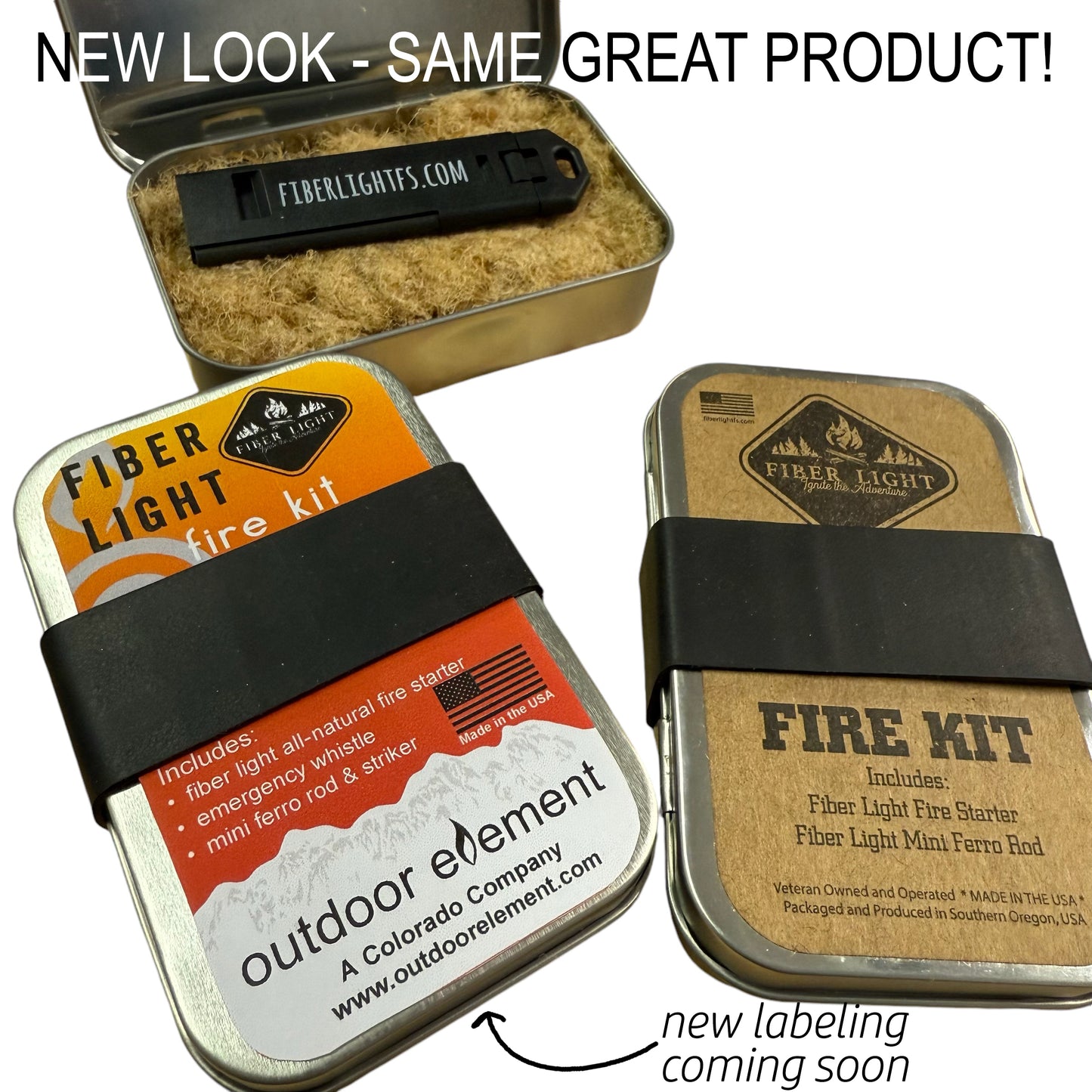 Fiber Light Fire Kits contain about .7 ounces of Fiber Light tinder, a ferro rod, and striker, within a 4x2.5x1 inch rectangular, hinged tin sealed with a ranger band