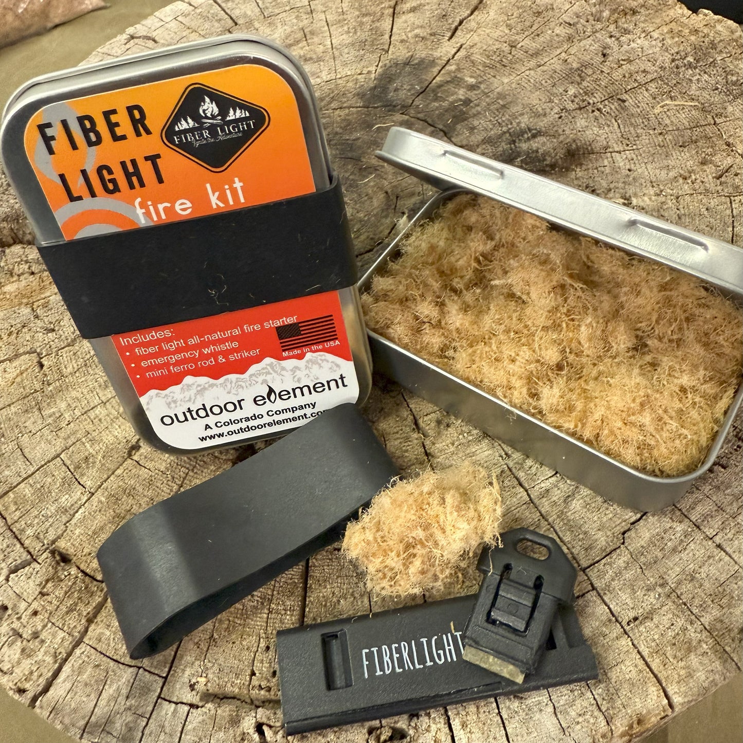 fiber light fire kit fire starter by outdoor element  - in rectangular tin 