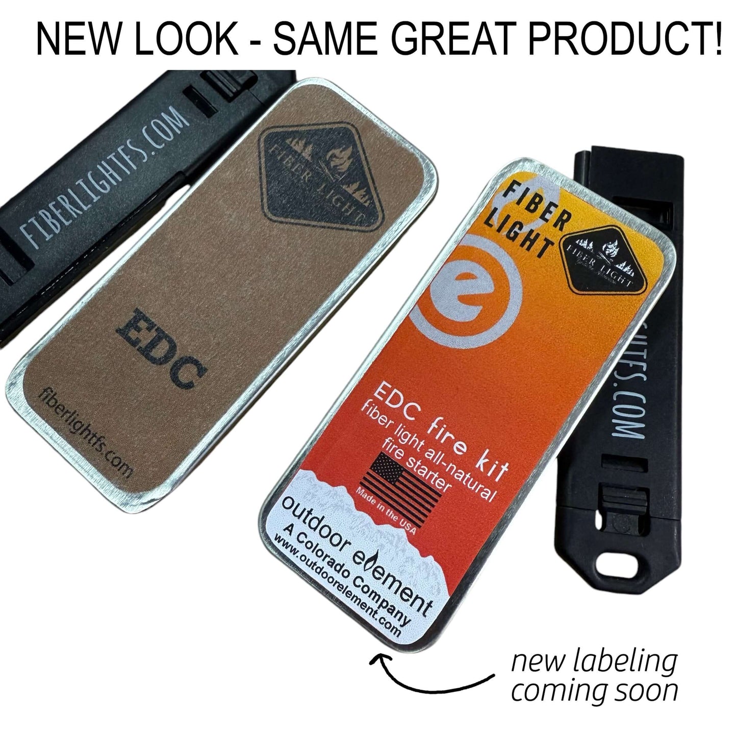 Fiber Light Mini Fire Kits contain about .2 ounces of Fiber Light tinder, a ferro rod, and striker, within a 1.25x3x.3 inch rectangular  tin sealed with a ranger band
