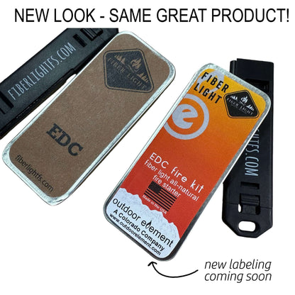 Fiber Light Mini Fire Kits contain about .2 ounces of Fiber Light tinder, a ferro rod, and striker, within a 1.25x3x.3 inch rectangular  tin sealed with a ranger band