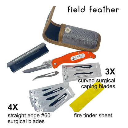 Let's Hunt bundles comes with a field feather knife that has a durable nylon carry case, 3X curved surgical blades, 4X straight edge #60 surgical blades and fire tinder sheet