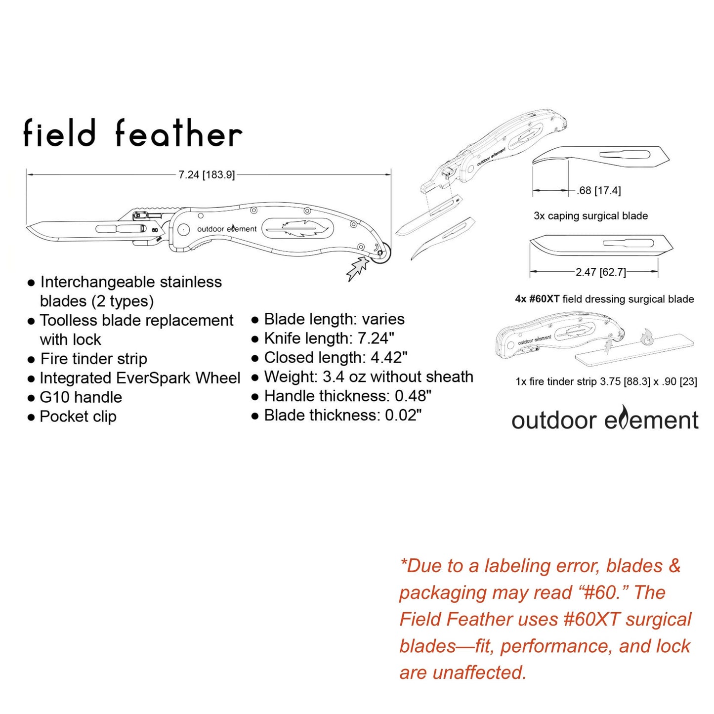 Field Feather hunting knife with replaceable surgical blade