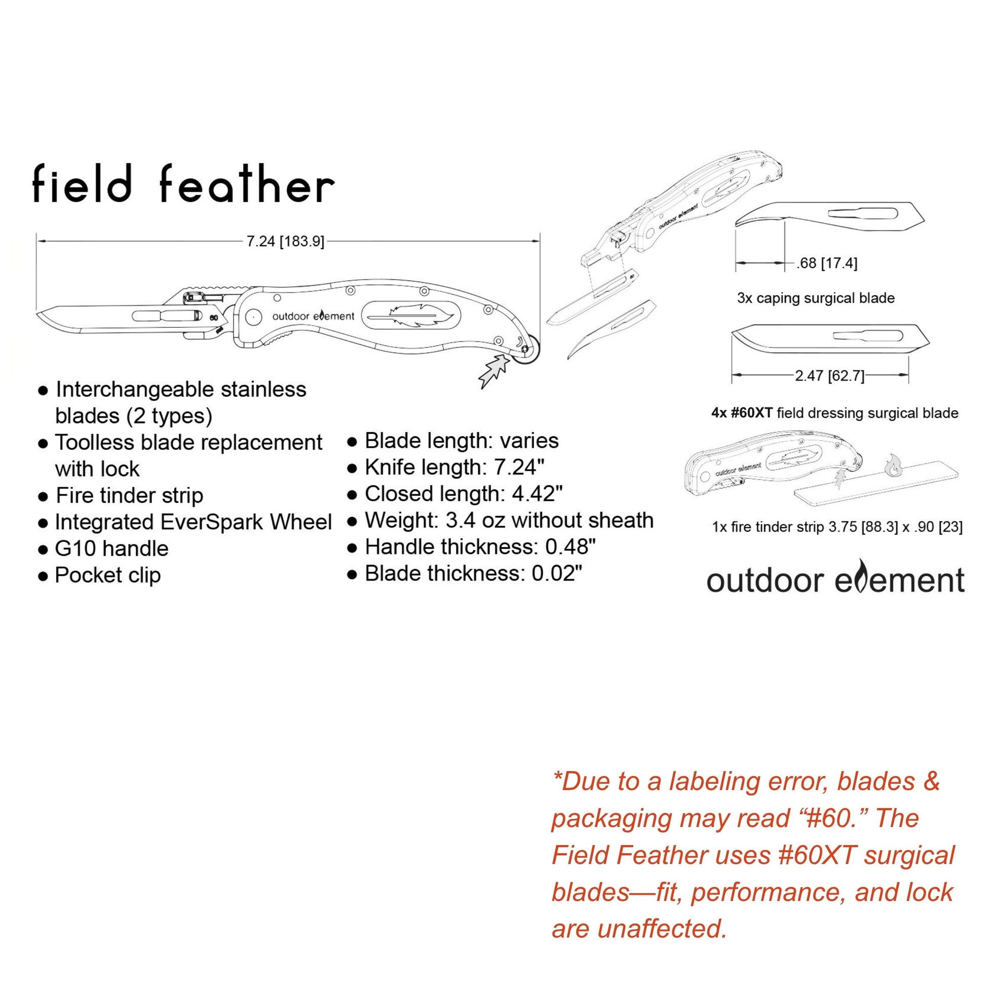 Field Feather hunting knife with replaceable surgical blade