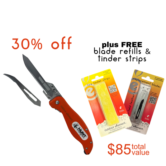 Field Feather knife on sale for 30% off plus FREE blade refills and tinder strips. $85 value